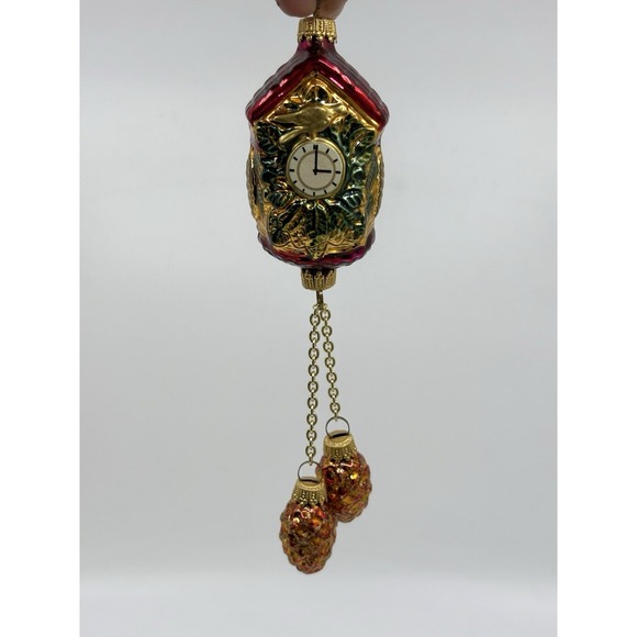 Lauscha Blown Glass Cuckoo Clock Christmas Ornament Germany Pinecone Chain VTG - Picture 3 of 10